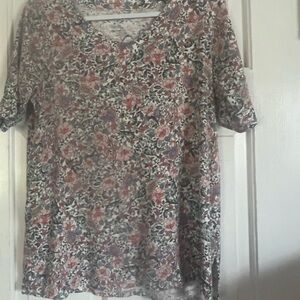 J. Jill Floral V-Neck Short Sleeve Tunic in Pink and Green